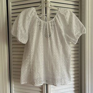 J. Crew V-back Puff Short Sleeve Eyelet Top/Blouse White Sz 6